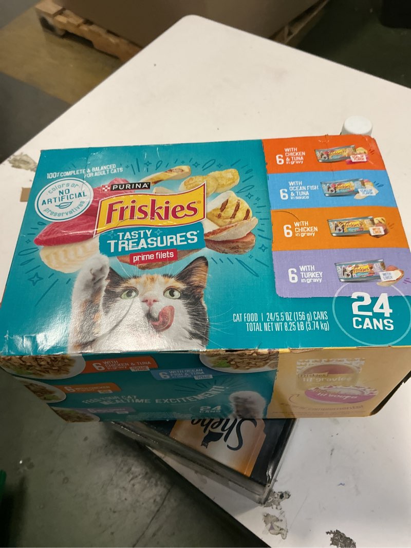 Condition photo showing New/Like New for Purina Friskies Tasty Treasures Prime Filets Ocean Fish, Chicken & Turkey Wet Cat Food - 5.5oz/24ct Variety Pack