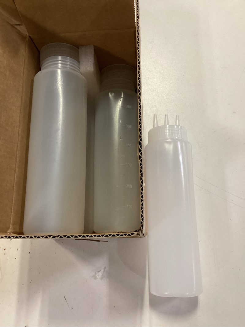 Condition photo showing Good Condition for 4-Pack 23oz Plastic Squeeze Bottles, Condiment Squirt Bottles Refillable Sauce Dispensers with 3-Hole Nozzle for Ketchup, Syrup, Dressing, Oil, Honey