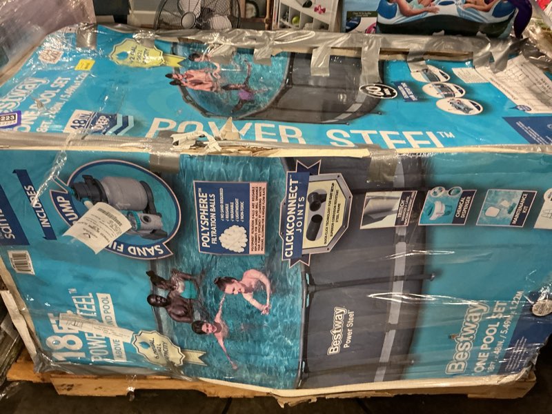 Condition photo showing As Is for bestway steel pro max 18 feetx48 inches round above ground swimming pool with pump and cover