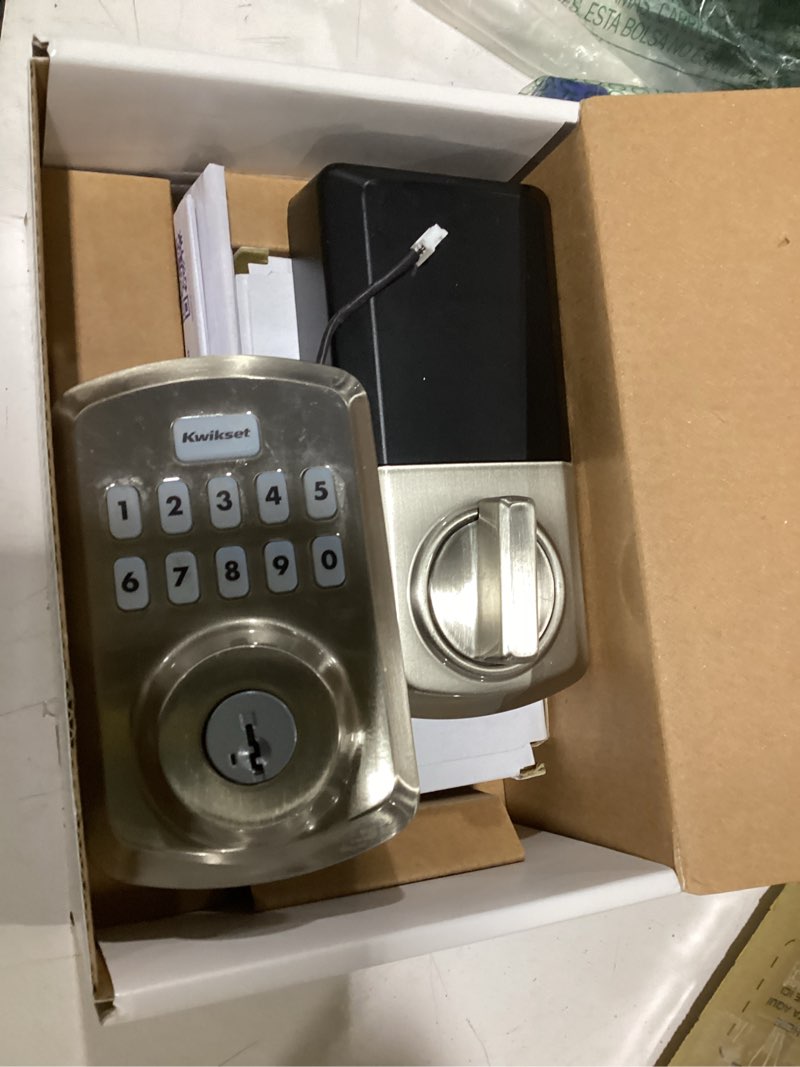 Condition photo showing As Is for kwikset powerbolt 250 10-button keypad matte black transitional electronic deadbolt door lock, featuring convenient keyless entry, customizable user codes and auto-locking