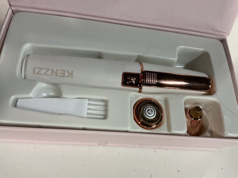 Condition photo showing As Is for kenzzi 2-in-1 rechargeable women’s face electric shaver and facial hair remover with eyebrow trimmer, white and rose gold