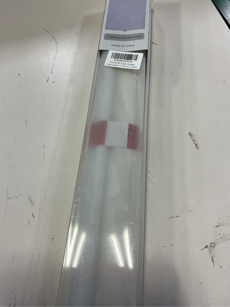 Condition photo showing New/Like New for Cordless Roller Shades for Windows,Light Filtering Pull Down Blinds,Solar Screen Door Blinds,Flame Retardant UV Protection Fabric for Home Office (17" W x 72" H,Solar White) Solar White 17"W x 72"H