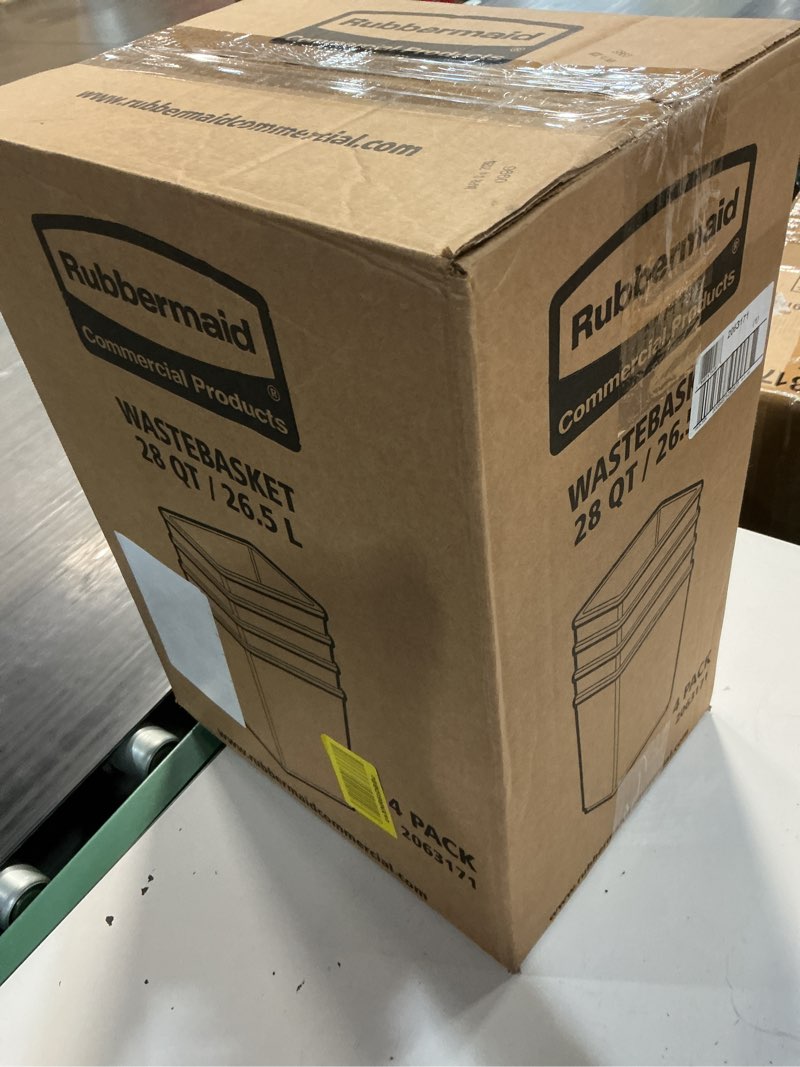 Condition photo showing New/Like New for rubbermaid commercial products plastic wastebasket/trash can, 7-gallon/28-quart, black, for bedroom/bathroom/office, fits under desk/cabinet/sink, pack of 4