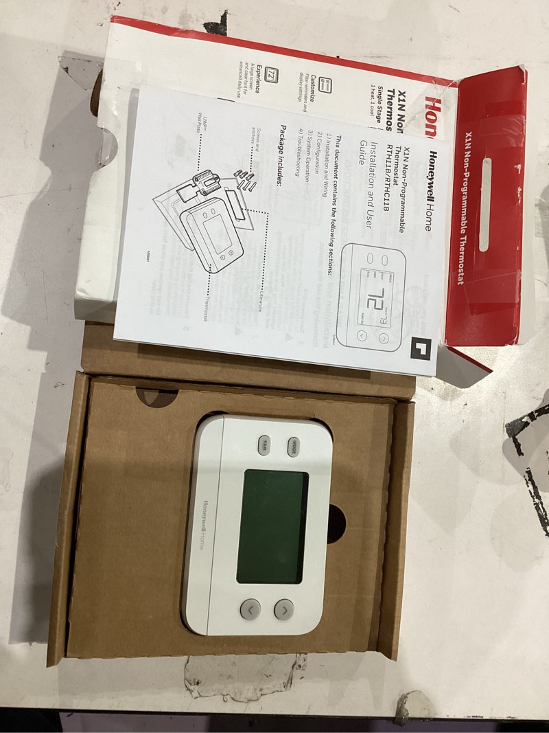 Condition photo showing Good Condition for New! Honeywell Home Non-Programmable Thermostat, Single-Stage, 1 Heat/1 Cool Compatibility, X1N, White