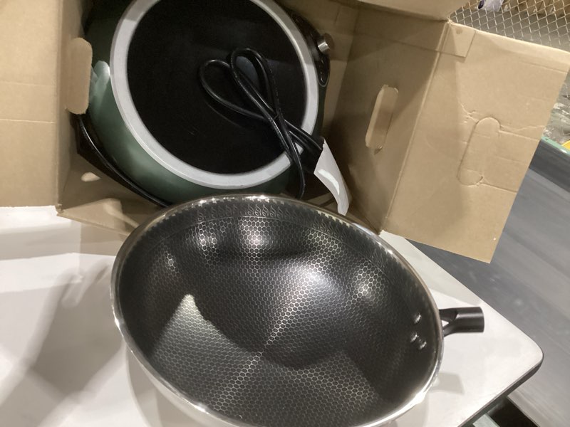 Condition photo showing As Is for 1700w 120v concave induction wok cooktop with stainless steel wok, non-pulse continuous heating, 16 power levels, portable countertop burner for round-bottom woks & stir-fry cooking stainless steel wok and induction cooktop set, not tested