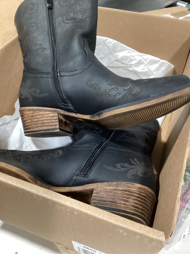 Condition photo showing As Is for DREAM PAIRS Women's Cowboy Cowgirl Western Ankle Boots Low Chunky Heels Square Toe Fall Short Booties Shoes 7 Black