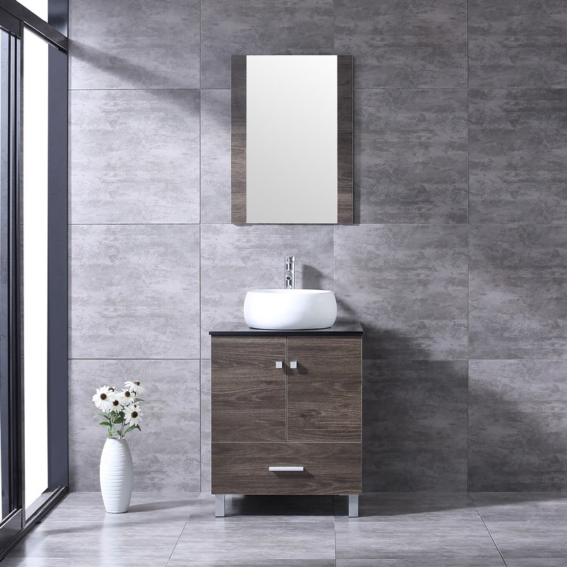 24"bathroom vanity wood cabinet white ceramic sink bowl basin brown mirror combo