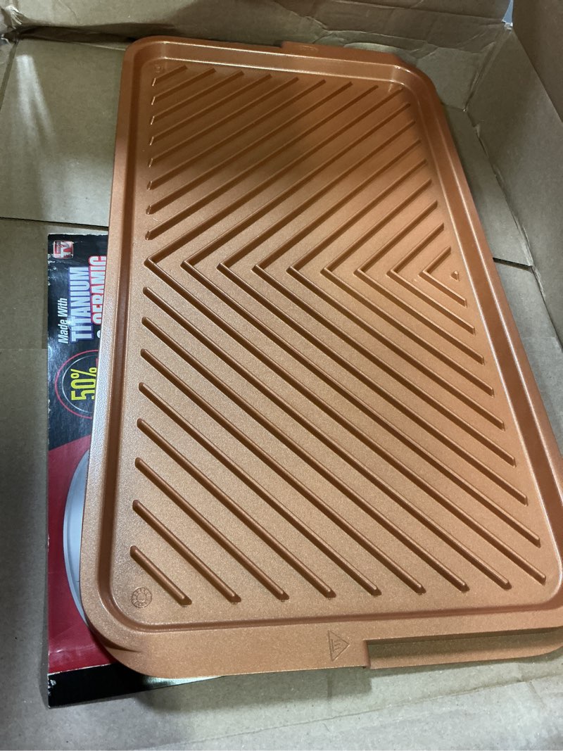 Condition photo showing Good Condition for gotham steel xl nonstick 2 in 1 griddle pan & grill pan for stovetop & outdoor use, reversible copper griddle for gas grill + stove top grill pan with ultra nonstick non-toxic oven safe