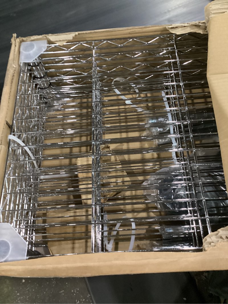 Condition photo showing Good Condition for efine 5-tier chrome heavy duty steel wire shelving unit with wheels and adjustable feet, used as pantry shelf, garage or bakers rack kitchen shelving - (18"x48"x72")