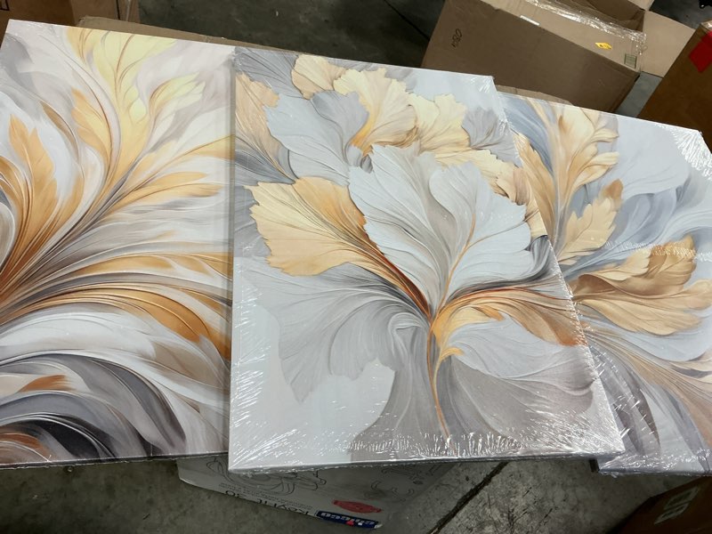 Condition photo showing Good Condition for 3pcs modern abstract golden white leaves canvas wall art neutral botanical wall decor pictures luxury posters prints for living room bedroom office home decorations, 12x16in