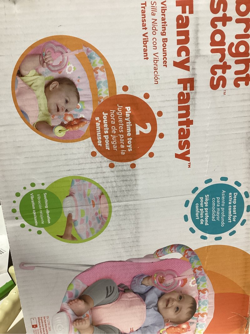 Condition photo showing New/Like New for Bright Starts Baby Bouncer Soothing Vibrations Infant Seat - Removable -Toy Bar, Nonslip Feet, 0-6 Months Up to 20 lbs (Fancy Fantasy, Pink Unicorn)