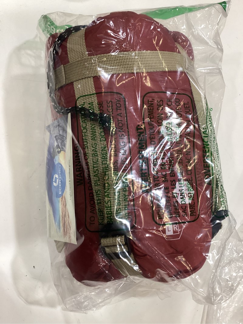 Condition photo showing New/Like New for ecoopro warm weather sleeping bag - portable, waterproof, compact lightweight, comfort with compression sack - great for outdoor camping, backpacking & hiking-83 l x 30" w fits adults wine red