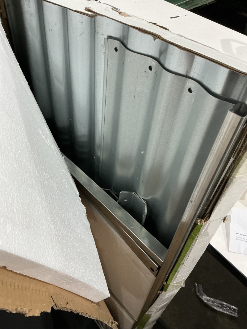 Condition photo showing As Is for large galvanized raised garden bed outdoor with legs, load capacity 1200lb, 48x26x30in raised garden bed, for backyard/patio/balcony/gardening/vegetables flowers, sliver sliver 48inx24inx30in