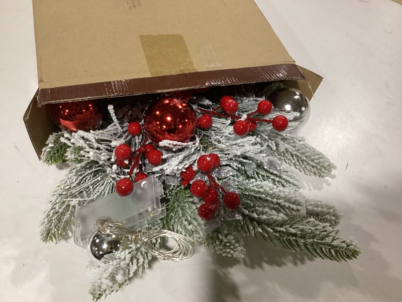 Condition photo showing Good Condition for Artificial Christmas Swag Cordless Prelit Teardrop Swags Christmas Wreath with Lights Rustic Stair Garland with Christmas Ball 30Light Christmas Swags Staircase Mailbox Front Door Wall Decorations (A)