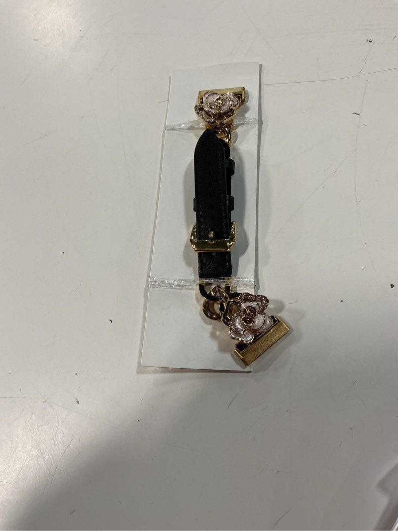 Condition photo showing New/Like New for minyee leather band compatible with fitbit versa 4/3/fitbit sense 2/1 watch bands women, dressy slim elegant leather metal chain strap with bling cute camellia charms for versa 3 4 sense 2 smartwatch black/gold