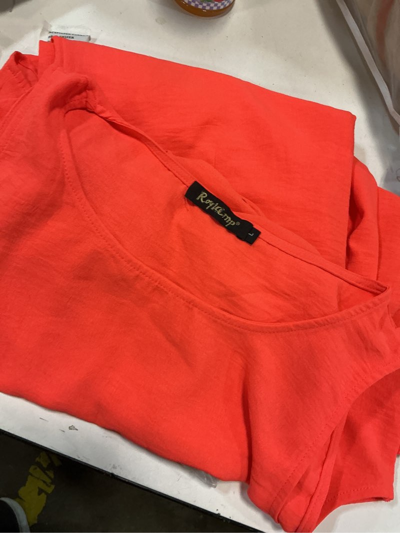 Condition photo showing New/Like New for roylamp women's summer 2 piece outfits round neck crop basic top cropped wide leg pants set jumpsuits bright orange large