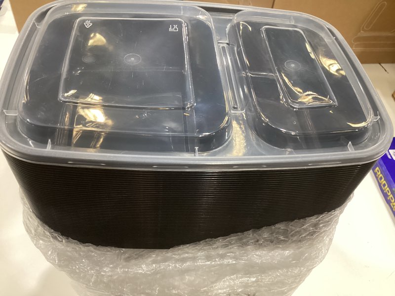Condition photo showing Good Condition for 50 pack (100-piece) 32 oz sturdy leakproof 2-compartment meal prep containers with lids, plastic food storage containers for lunch, microwave, freezer, and dishwasher safe takeout containers