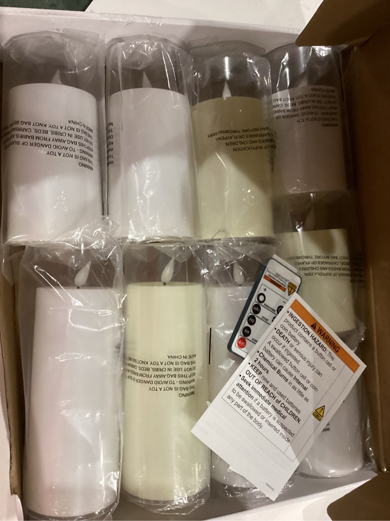 Condition photo showing New/Like New for homemory pure white flickering flameless candles, battery operated acrylic led pillar candles with remote control and timer, set of 9 pure white, 9pack