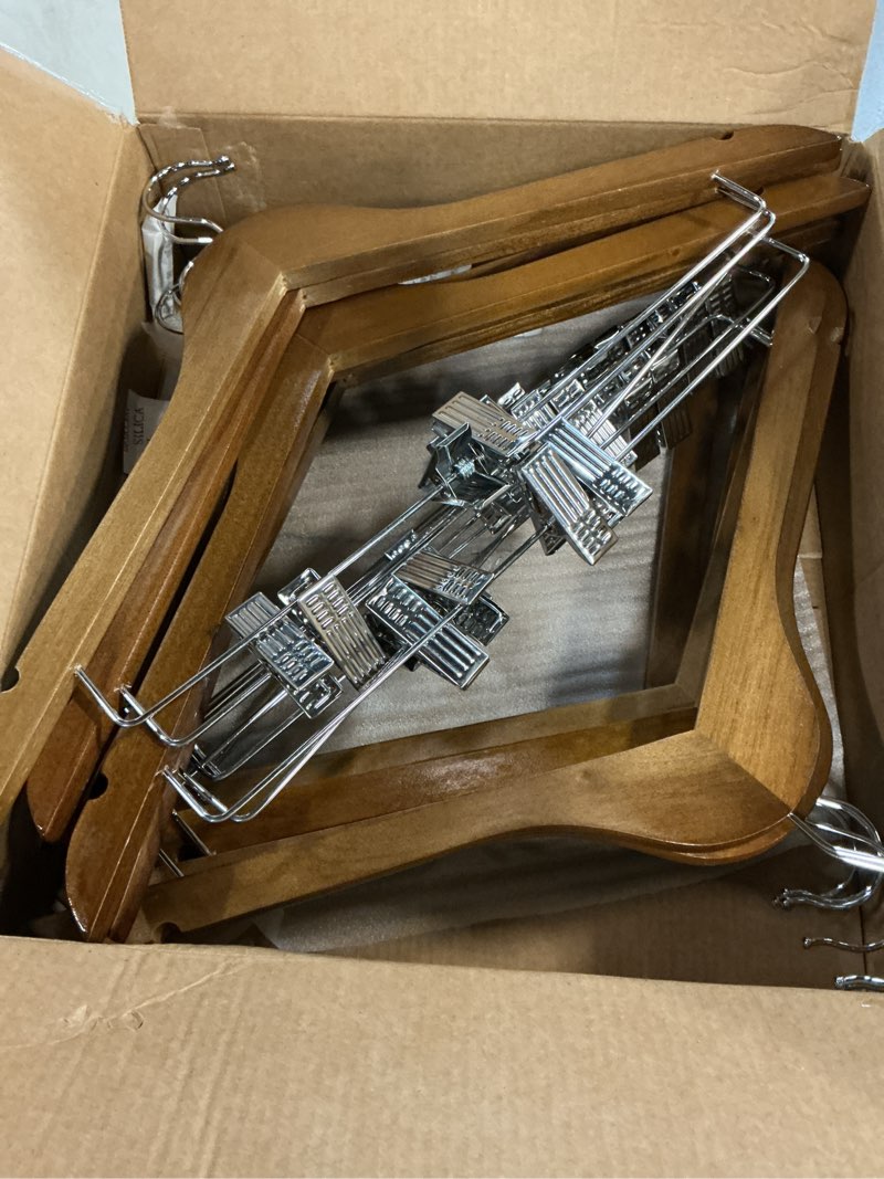 Condition photo showing Good Condition for house day wooden hangers with clips 12 pack, heavy duty walnut wood pants hanger, premium skirt hanger with adjustable clips, solid clip hangers for suit, blouse, dress, coat, jacket, bottom walnut 12 pack