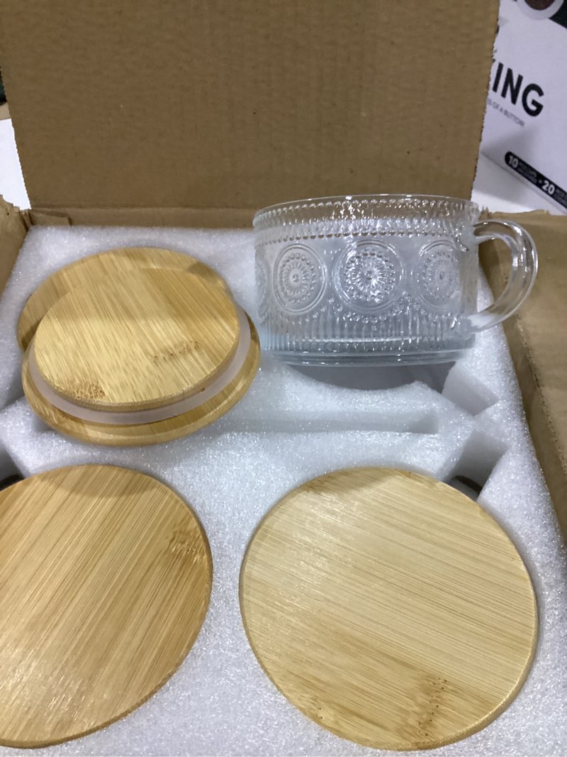 Condition photo showing New/Like New for 4pcs set vintage coffee mugs gifts for women, overnight oats containers with bamboo lids and spoons - 14oz clear embossed glass cups, cute coffee bar accessories, iced coffee glasses 4 pack