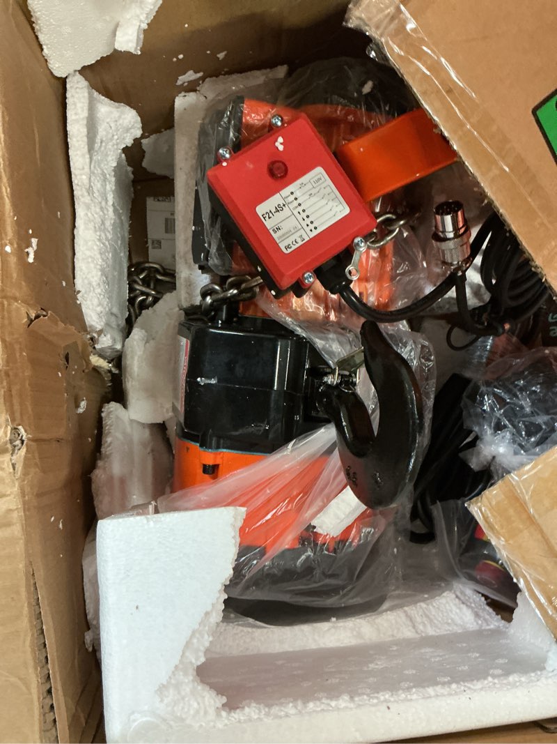 Condition photo showing Good Condition for Electric Chain Hoist Winch 1Ton, 20Ft Wired Remote Control w/Emergency Stop Switch Double Chain Design Max Load 2200lbs Max Lift Height 20Ft 120V Crane Hoist for Garage Ceiling 1Ton - 20Ft