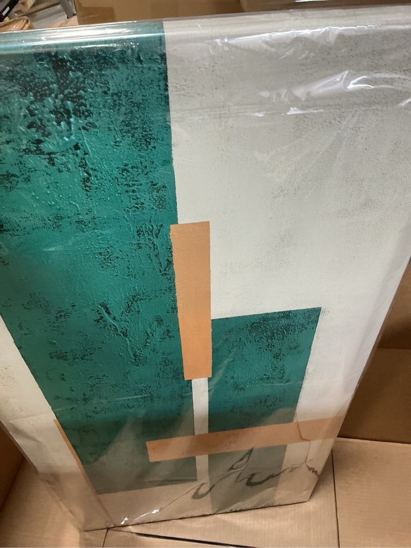 Condition photo showing New/Like New for yethen wal teal geometric abstract canvas wall art, 20×40 in horizontal – gallery wrapped, green & beige minimalist artwork for living room, bedroom, office 40"l x 20"w green