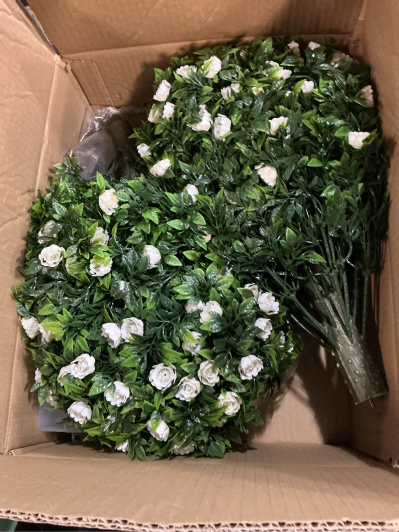 Condition photo showing Good Condition for lunmon 2 pack 24" artificial topiary ball plants trees with flowers, outdoor fake topiary plants with ground spike, uv resistant faux bushes for indoor outdoor front door decor (white,rose) white rose