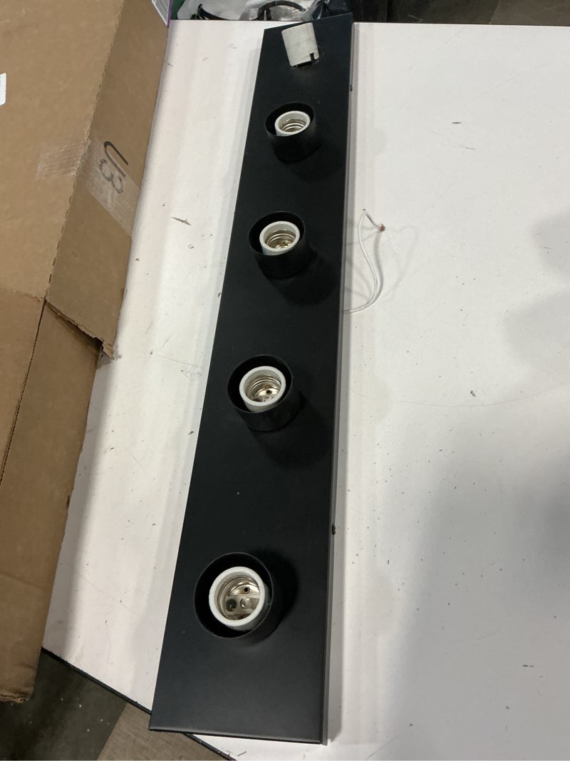 Condition photo showing As Is for design house vanity lights, 5 linear lights, dimmable, horizontal or vertical use, uses (5) 60w bulbs, for bathroom/makeup vanity, matte black, 30.0 in. w x 2.0 in. h x 4.3 in. d, 588582-blk matte black 5 lights