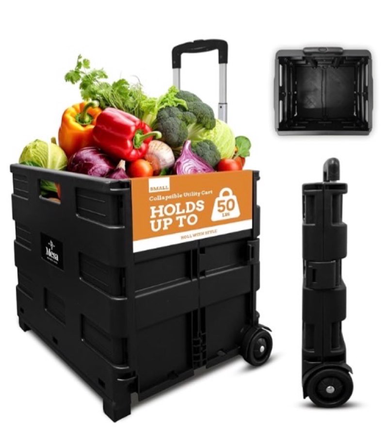ultra-slim rolling collapsible storage pack-n-roll utility-carts, with telescopic handle, for home, garden, shopping, office, school use, medium, white