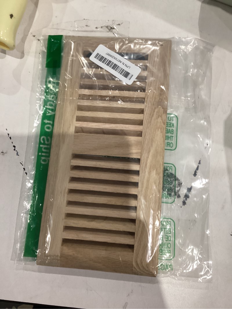 Condition photo showing As Is for Homewell Red Oak Wood Floor Register, Drop in Vent with Damper, 4x10 Inch, Unfinished 4x10 Inch with Damper Red Oak