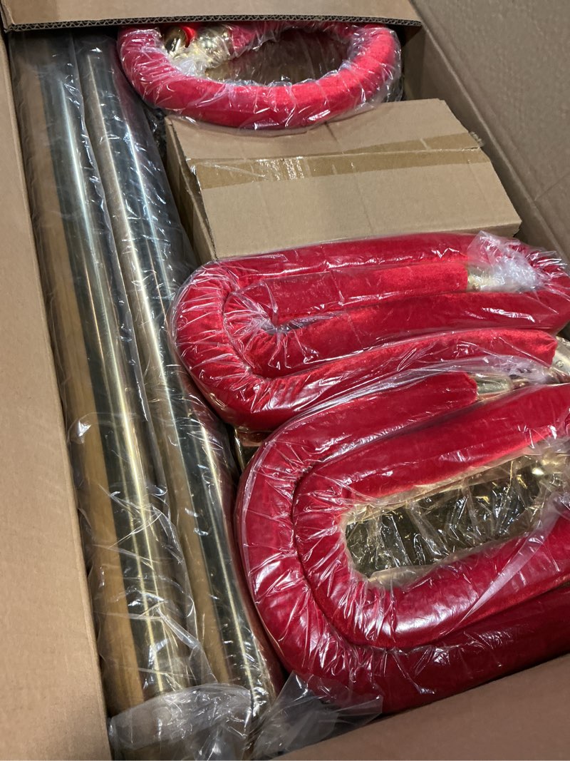 Condition photo showing New/Like New for 4pcs gold stanchions posts with 3pcs 5 ft red velvet rope, red velvet rope stanchion set crowd control barriers, stanchions and velvet ropes red carpet poles for party supplies 4 gold