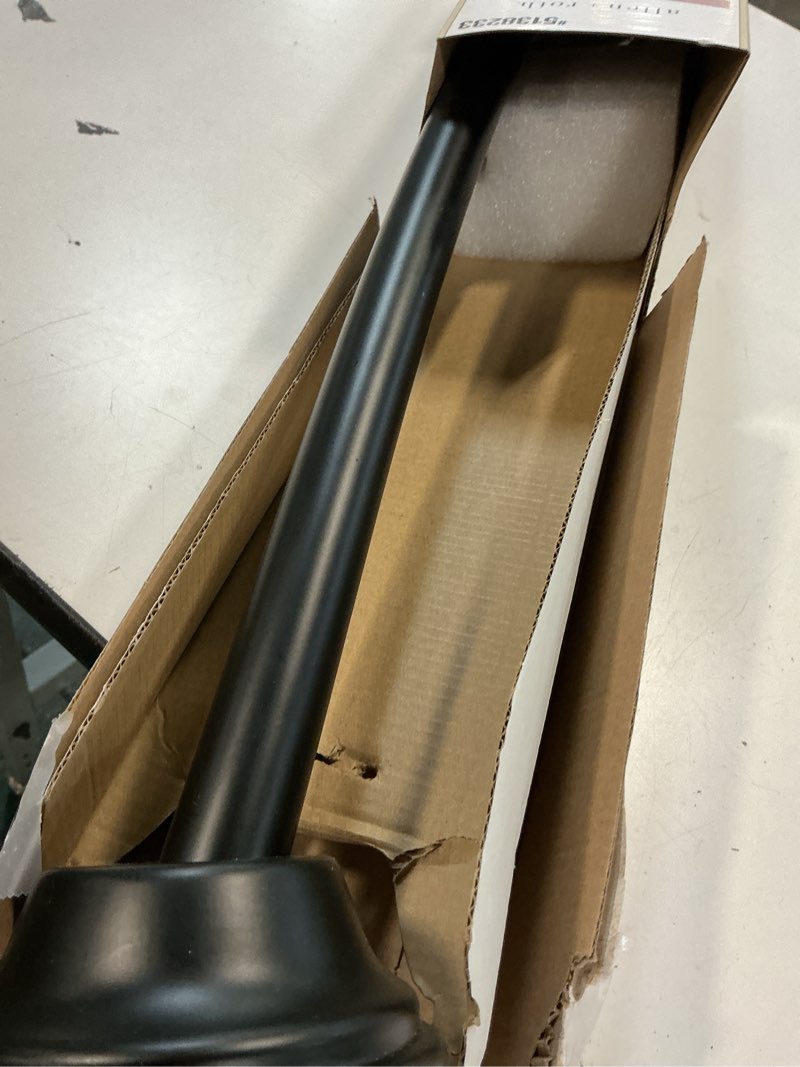 Condition photo showing As Is for allen + roth 44-in to 72-in matte black fixed or tension single curve adjustable shower curtain rod