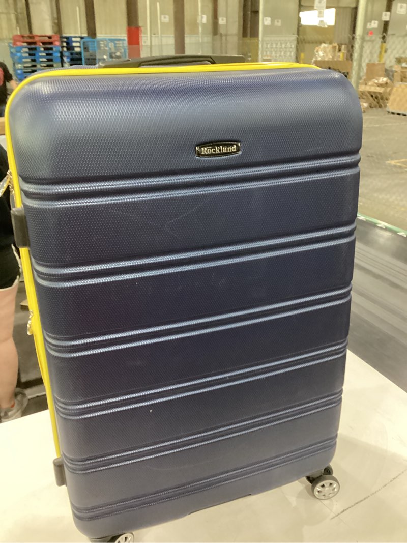 Condition photo showing As Is for rockland melbourne hardside expandable spinner wheel luggage, navy, checked large 28" navy checked large 28"