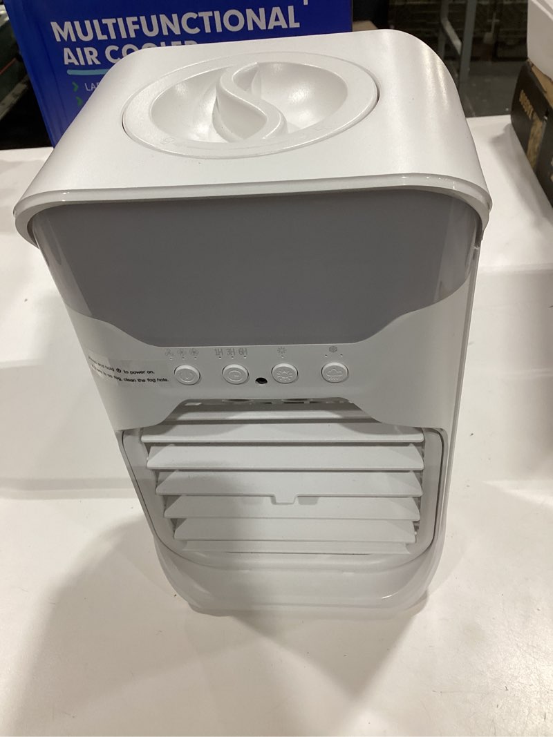 Condition photo showing As Is for portable air conditioners,4-in-1 air conditioner,2.3-second cooling & 3 fan speeds,1600ml water tank with 2 mist,10 color night light,remote control,portable ac for room,car,bedroom,office,outdoor white