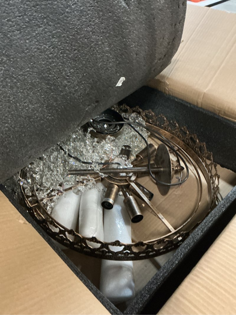 Condition photo showing As Is for wellmet crystal chandelier lights, 9 lights french empire chandelier lighting high ceiling hanging pendant light fixture for dining living room foyer kitchen bedroom, antique bronze 19.69'' w antique bronze 19.69 inch