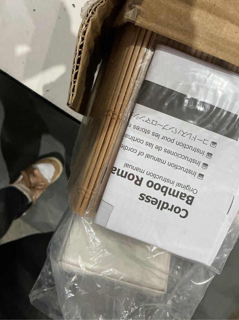 Condition photo showing Good Condition for cordless bamboo roman shades for windows, 100% blackout backing fabric for light blocking, 26" w × 64" h - papara carbon blackout - papara carbon 26" w × 64" h