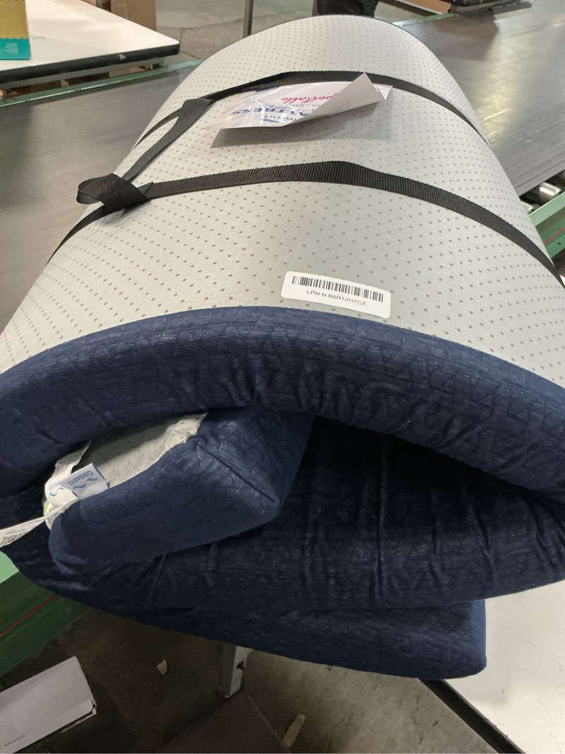 Condition photo showing As Is for memory foam camping mattress pad 3 inch thick, portable sleeping pad with waterproof cover, portable roll up cot mattress pad floor mat for travel truck bed tent 72" x 24"x 3" navy cot:72*24*3