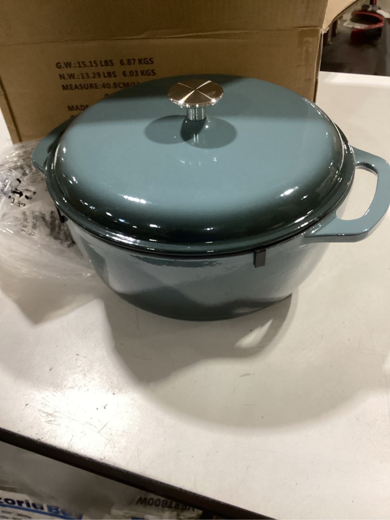 Condition photo showing New/Like New for amazon basics enameled cast iron dutch oven pot with lid, round, dual handles, heavy-duty, oven safe for stews, roasting, baking,6-quart, gray gray 6-quart