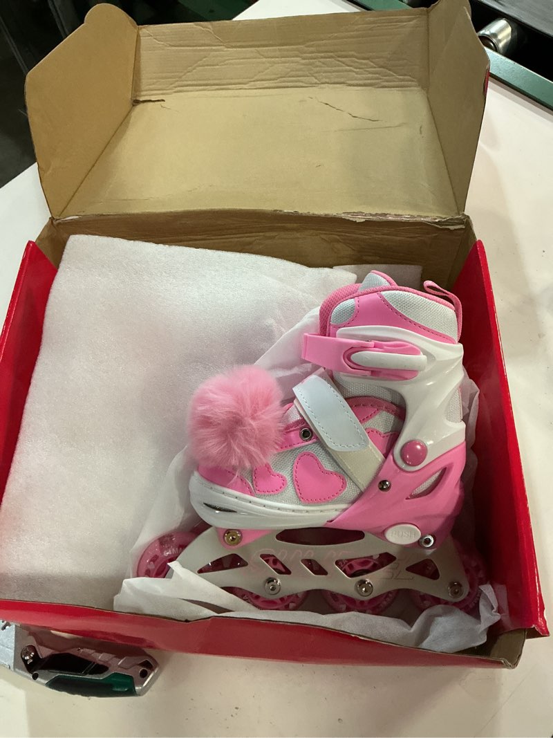 Condition photo showing Good Condition for sulifeel love hearts 4 size adjustable kids inline skates for girls with fluffy pom light up wheels ages 3-12 girls birthday gift for indoor outdoor sports pink small - little kid