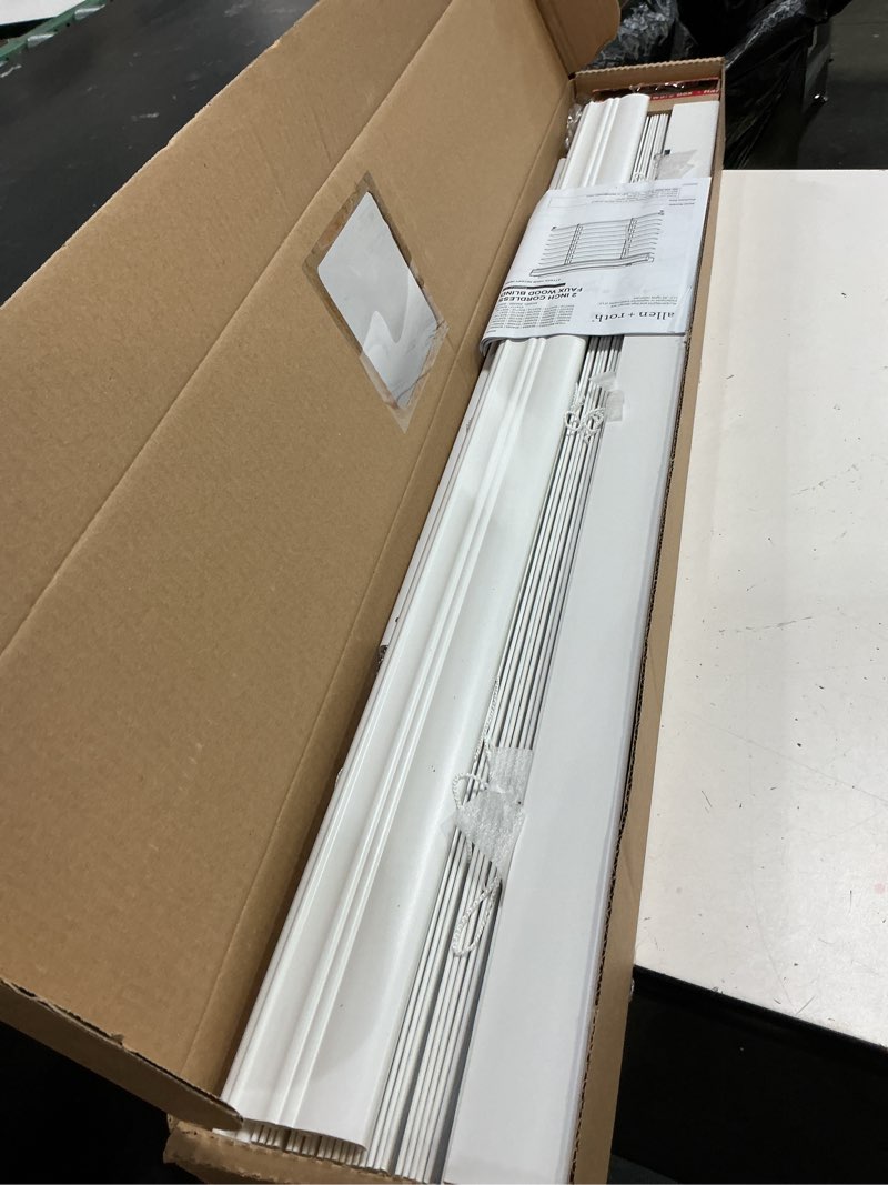 Condition photo showing As Is for allen + roth trim at home 2-in slat width 35-in x 48-in cordless white faux wood room darkening horizontal blinds