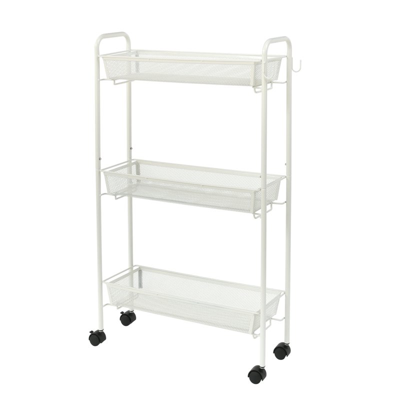 mainstays slim 3-tier rolling bathroom storage cart with hooks in white finish