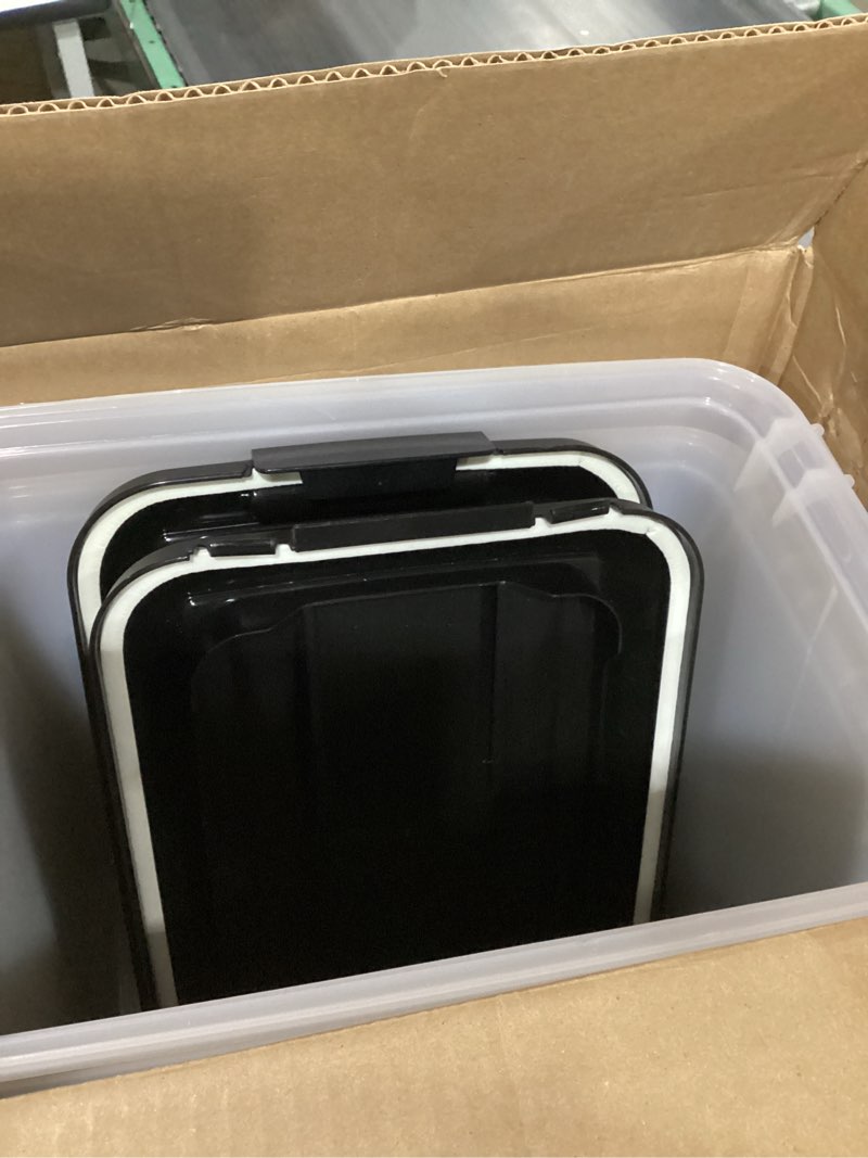 Condition photo showing Good Condition for IRIS USA Dog Food Storage Container, 2 Pack, Up to 30 lbs Each, Airtight Seal for Freshness, Wheels for Rolling, Easy One Hand Opening, Made in USA, BPA Free, Clear/Black