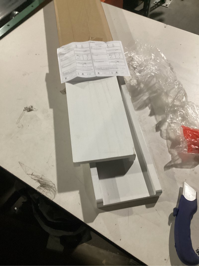 Condition photo showing As Is for Love-KANKEI Floating Shelves Wall Mounted Set of 2, 24 Inch Wood Storage Wall Shelves for Bedroom Living Room Bathroom Kitchen Office and More White White 24 inch