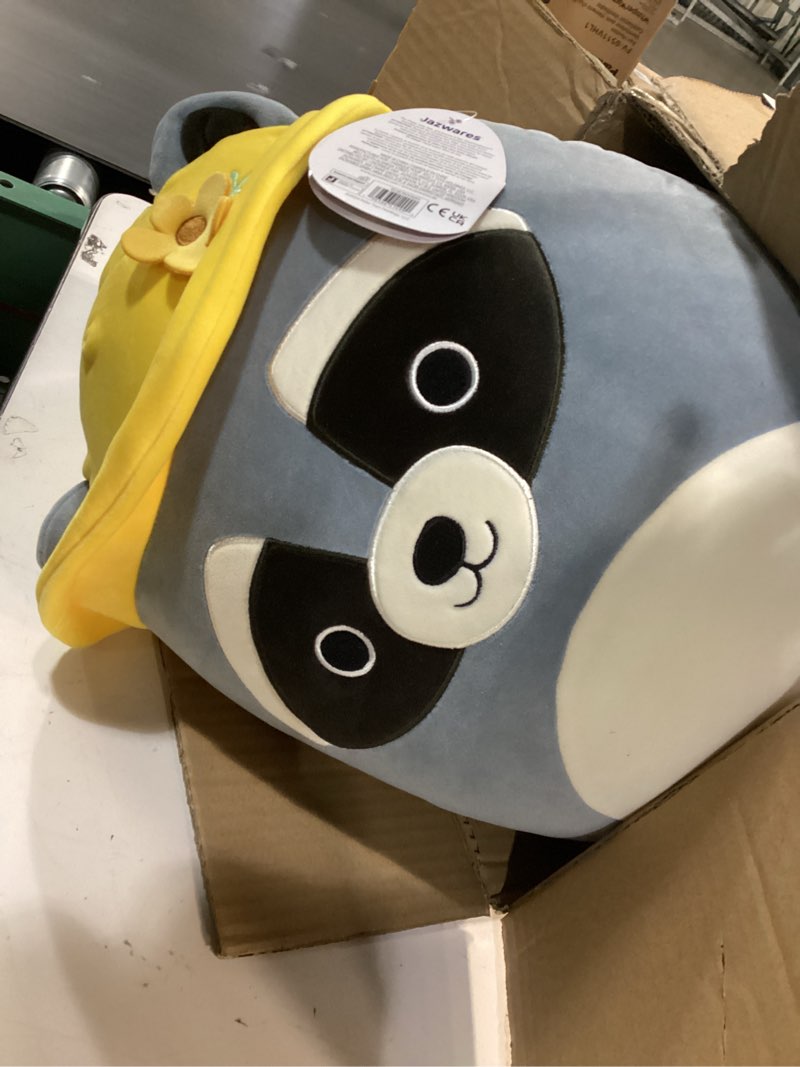 Condition photo showing Good Condition for Squishmallows Original 14-Inch Rocky Grey Raccoon with Yellow Bucket Hat - Official Jazwares Large Plush Grey Pigeon