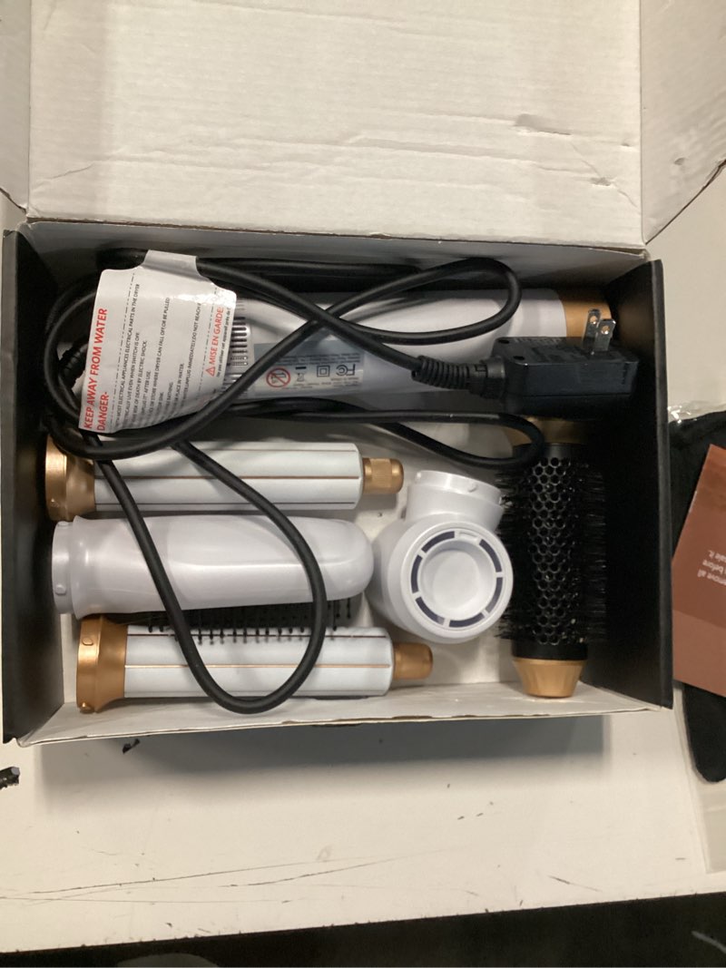 Condition photo showing As Is for 5 in 1 hair dryer brush set,professional negative ionic hot air styler, air curling wrap styler,detachable blow dryer brush with auto wrap curlers,hair styling tools for straight/curl/drying/smoothing white gold