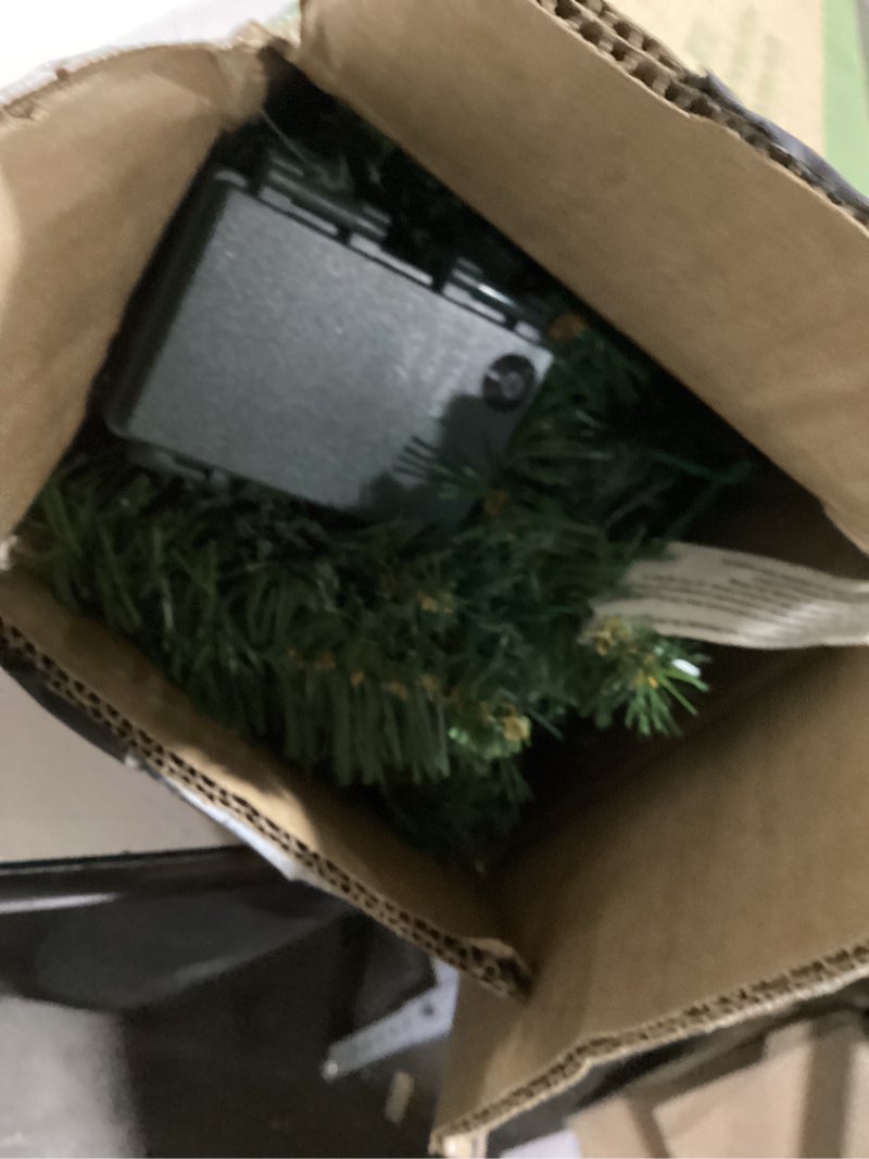Condition photo showing As Is for nearly natural 6ft white mountain pine artificial garland with 35 warm white led lights and pinecones, includes battery box