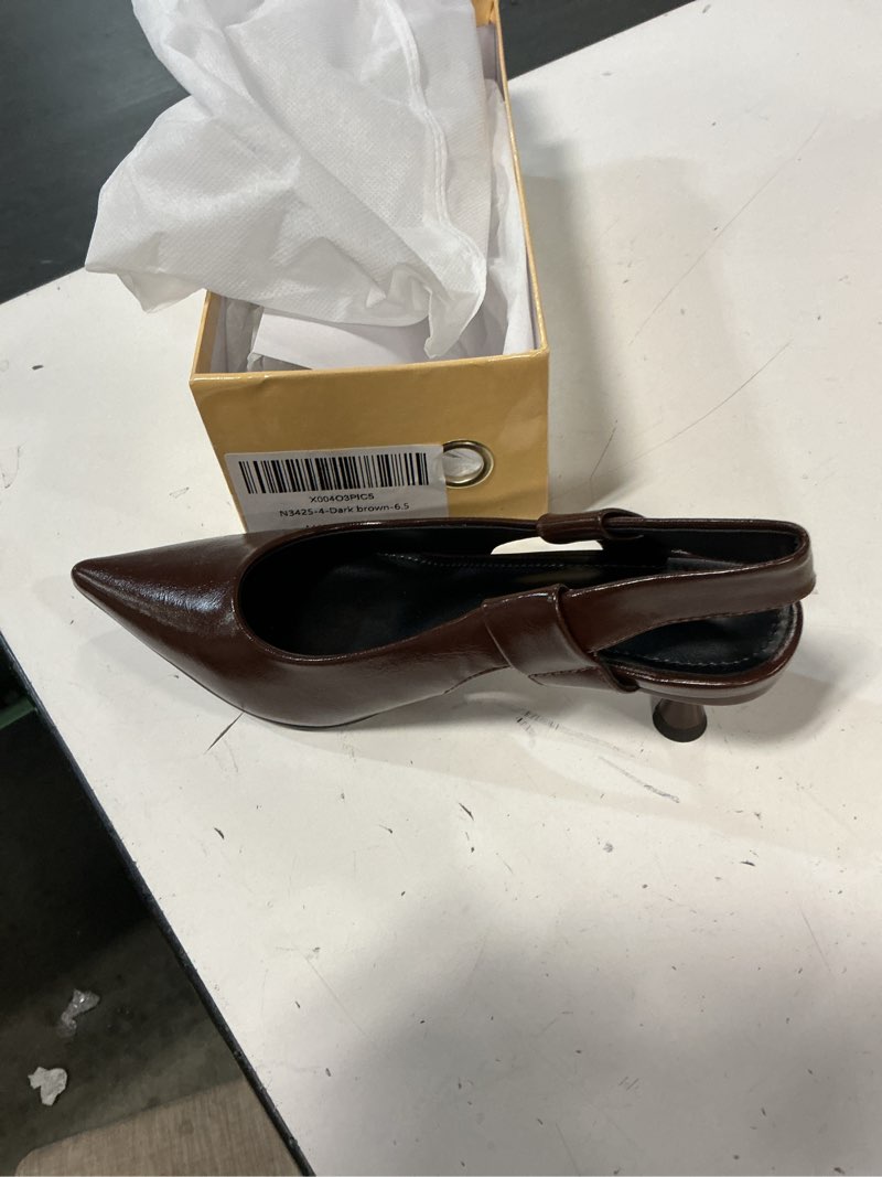 Condition photo showing New/Like New for ((size 6.5))pointed toe slingback kitten heels for women, leather stiletto heel pumps with elastic strap elegant bridal heel dating party work office backless pumps shoes dark brown 6.5