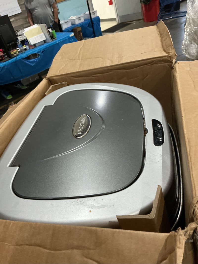 Condition photo showing As Is for amazon basics automatic dual compartment trash can with lid, hands-free, fingerprint resistant, odor control, stainless steel, d-shaped, 80 l, 2 bins
