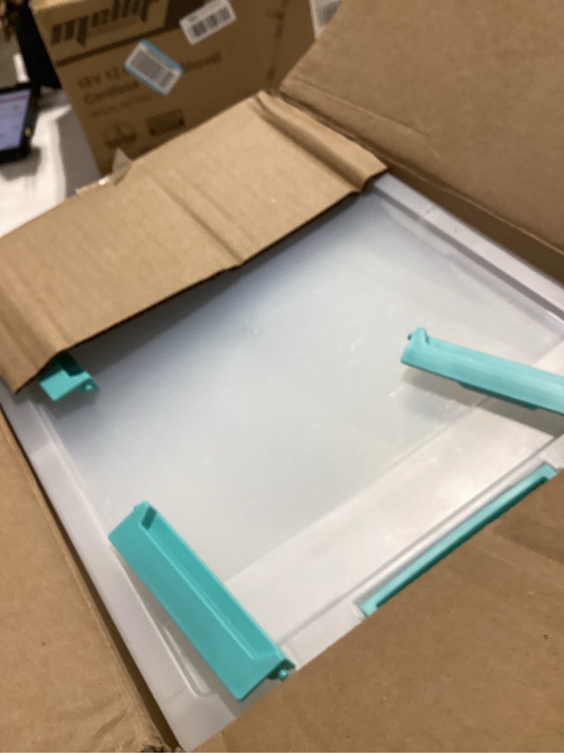 Condition photo showing As Is for IRIS USA 12 Qt. Plastic Storage Bins Containers with Lids, 4 Pack, Small Sensory Bin, Craft Storage, Craft Organizers & Storage, Organizing Container for Home, Office & Art Supplies, Stackable, Clear