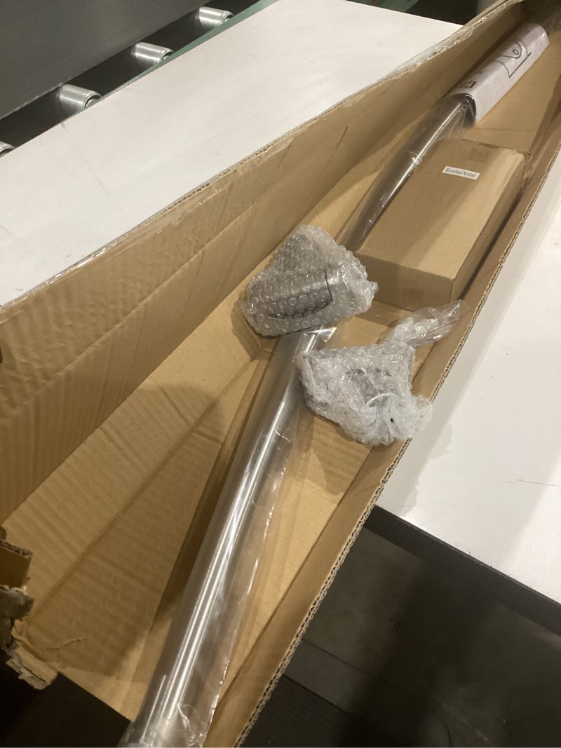 Condition photo showing Good Condition for adjustable curved shower rod, 42-72 inches extra wide shower curtain rod, rust proof, premium stainless steel, curved shower curtain rod for bathroom, need to drill, silver nickel 42-72 inches